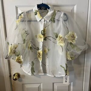 Sheer Floral Puff-Sleeve Blouse in White and Yellow